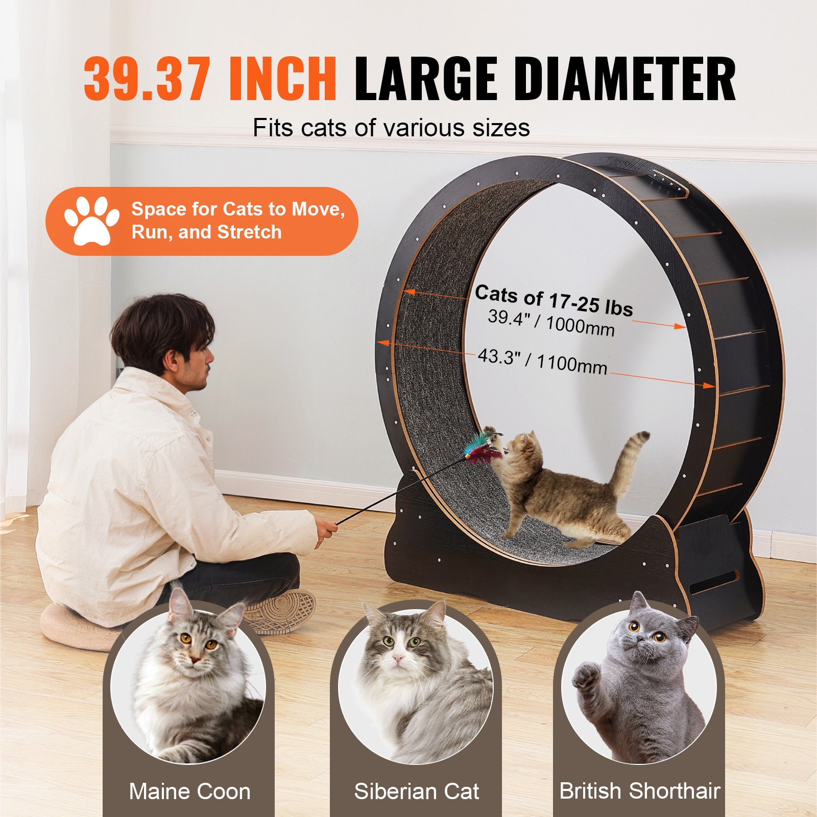 Cat Exercise Wheel 43.3" Large Cat Treadmill Wheel For Indoor Cats Black_voghion.com